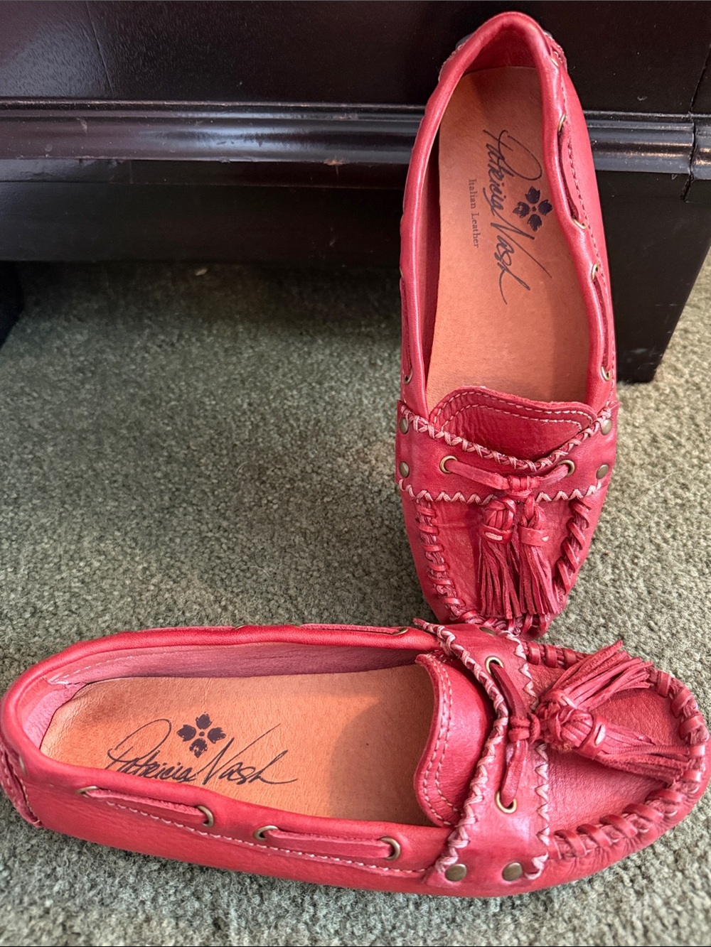 Patricia Nash Coral-Red Leather Tassel Moccasins